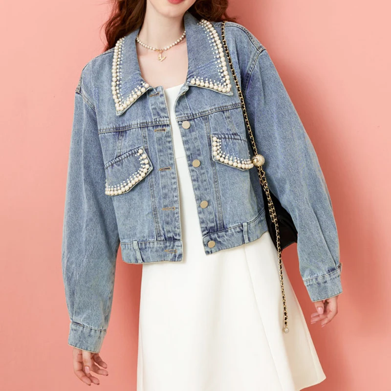 

Heavy Industry Beaded Denim Short Jacket Femme Korean Loose Denim Jeans Bomber Jacket Coat Women Casual Pearl Overcoat