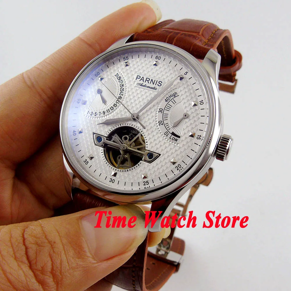 

Parnis 43mm ST 2505 Automatic men's watch power reserve Date display white dial date waterproof leather strap 413