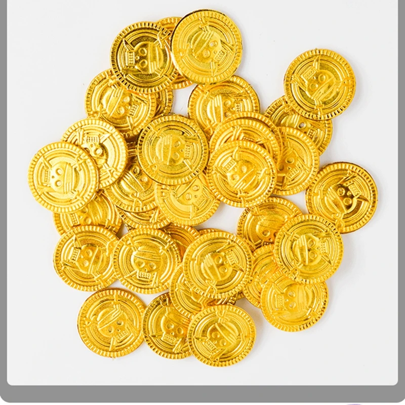 50pcs plastic Pirate gold coin Halloween kids birthday party Props decoration Funny Playing Toys for Kids Children (Golden)