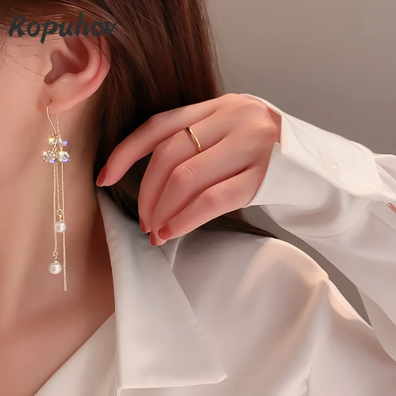 

Ropuhov 2021 New Silver Need 925 Silver Needle Diamond Pearl Cherry Tassel Thread Long Temperament Korean Versatile Earrings