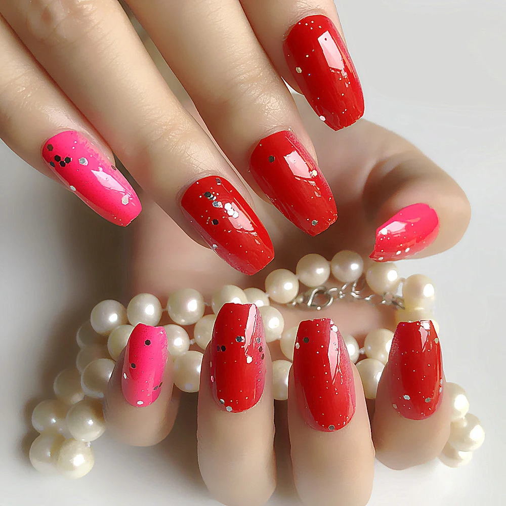 2019 Новый гроб блестки постепенные цвета поддельные ногти плоская голова красные