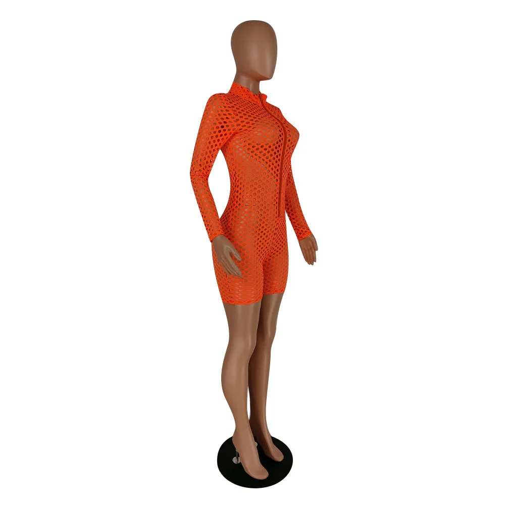 

Beyprern New Chic See Through Hollow Out Skinny Mesh Rompers Summer Turtleneck Zippers Bodysuit Party Club Overalls Rave Wear