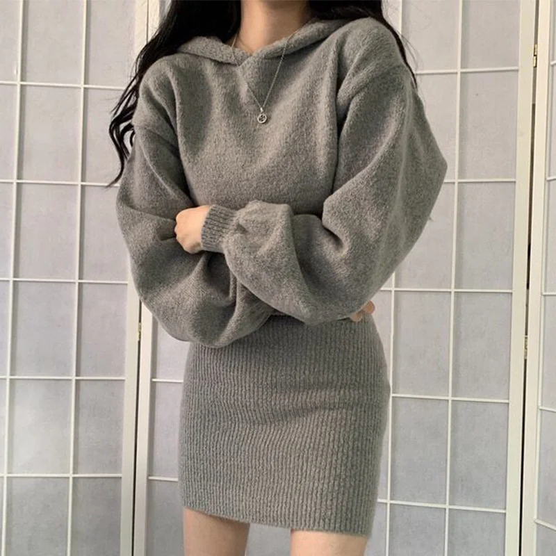 

Korean Chic Elegant Temperament Hooded Pullover Wool Dress High Waist Slim Bubble Sleeve Buttock Knit Dress Women