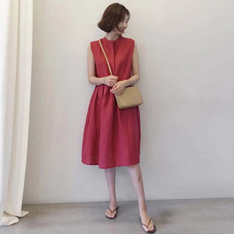 

Женское платье без рукавов Johnature, однобортное свободное платье до колена с круглым вырезом, в Корейском стиле, для лета, 2021