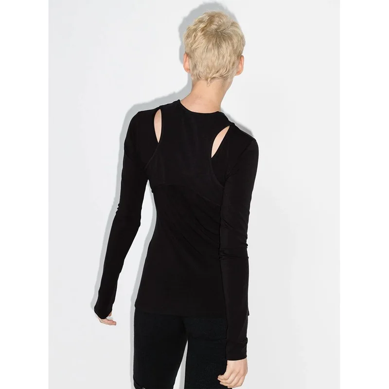 

Футболка женская с длинным рукавом, хлопковая облегающая Простая рубашка с имитацией двух предметов, с круглым вырезом, на раннюю осень