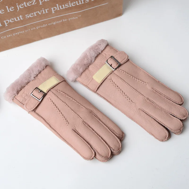 Fashion sheepskin wool gloves ladies winter warm outdoor riding points sheep fur one leather HN283 | Аксессуары для одежды