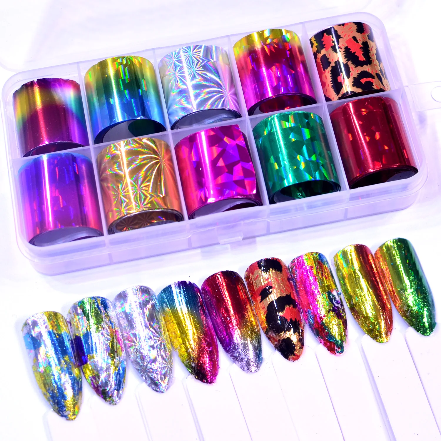 10 рулонов/коробка Голографическая фольга на ногти обертывания многоузорные