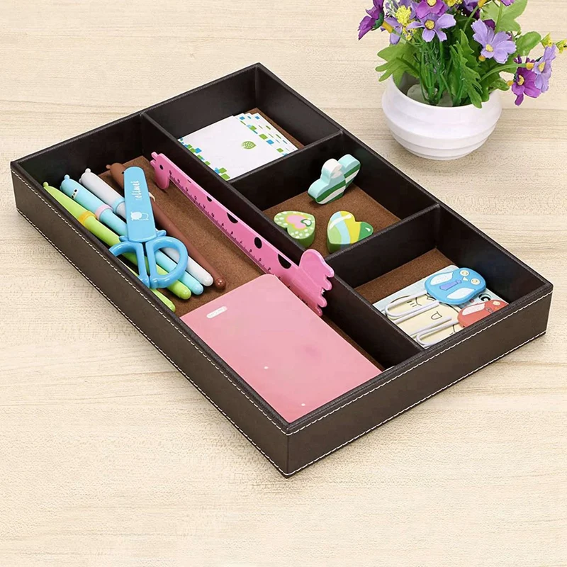 

4 Slots Desk Drawer Organizer, Pu Leather Drawer Storage Organizer Divider (Brown) & Brown Pen Holder Pen Pencil Holder