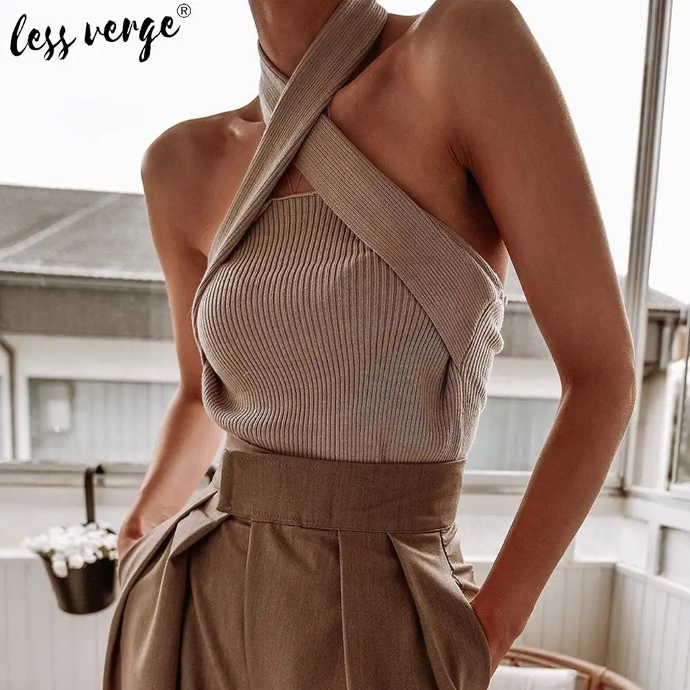 Женский трикотажный топ без рукавов Lessverge повседневный однотонный с открытыми