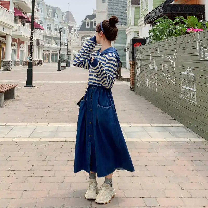 

LANMREM Women Contrast Color Denim Fake Two Dress New Hooded Neck Long Sleeve Loose Fashion autumn winter 2021 2F0091