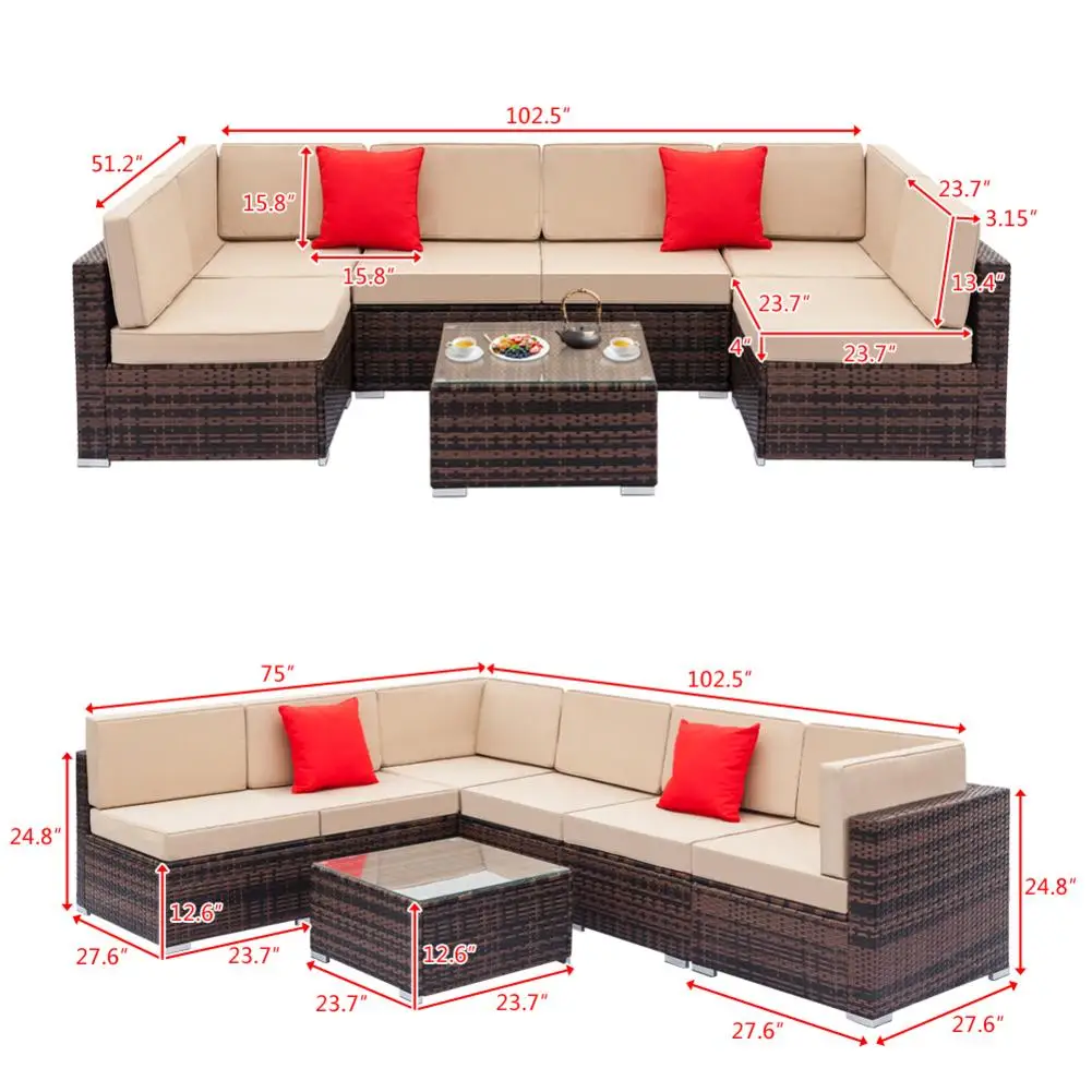 7 IN 1 Rattan Corner Sofa Set Garden Middle Outdoor Patio Furniture with Tea Table Kit USA Warehosue Fast Shipping | Мебель