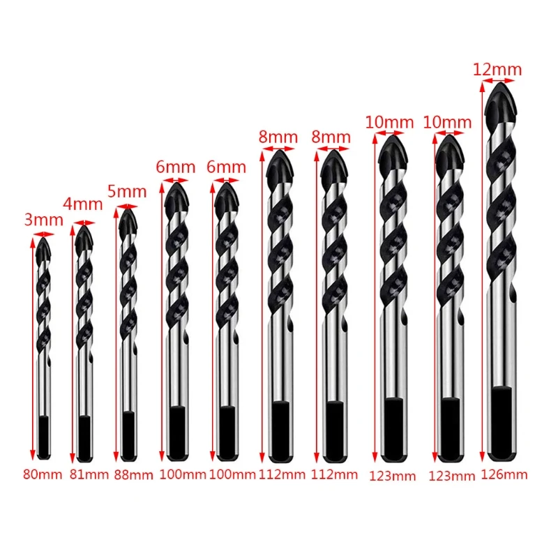 

10Pcs Carbide Drill Bit Set for Ceramic Tile Concrete Glass Marble Wood Triangle Porcelain Metal Bits 3-12mm