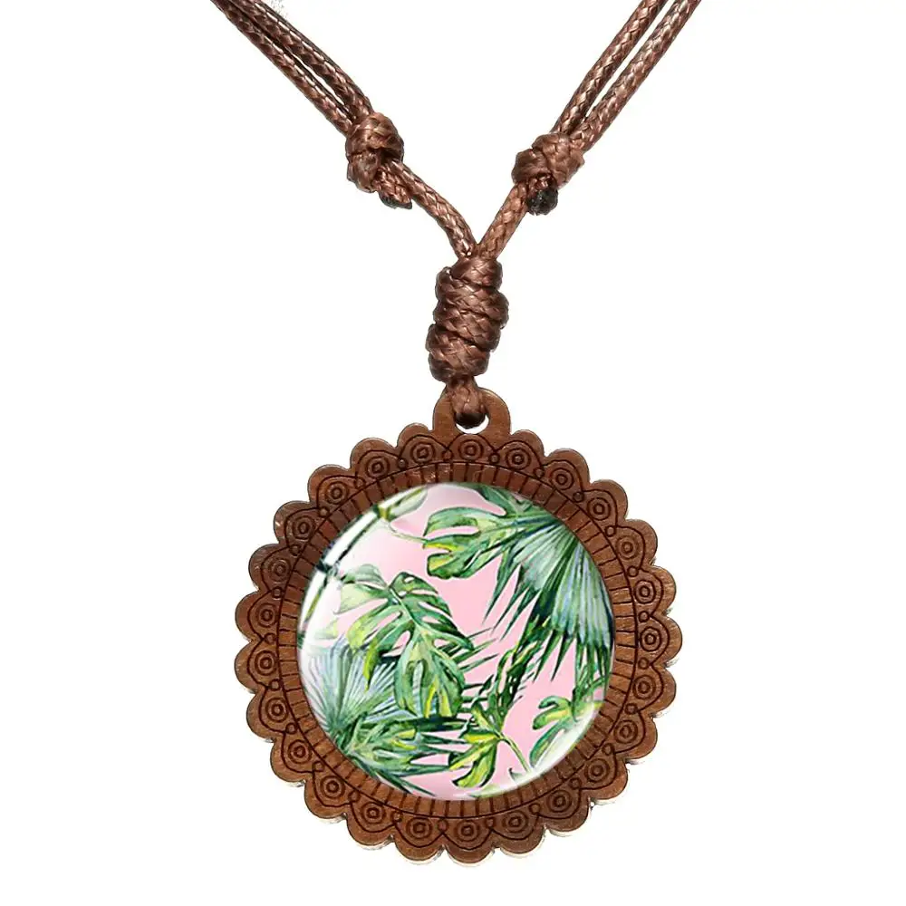 SIAN Palm Leaves Flamingo Charm Wooden Necklace Green Plant And Flower Art Pictures Glass Dome Round Pendant Hand Craft Jewelry | Украшения
