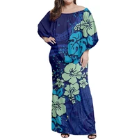 the new polynesian womens autumn elegant female blue dress samoa hibiscus print women ruffle off the shoulder sexy long dress