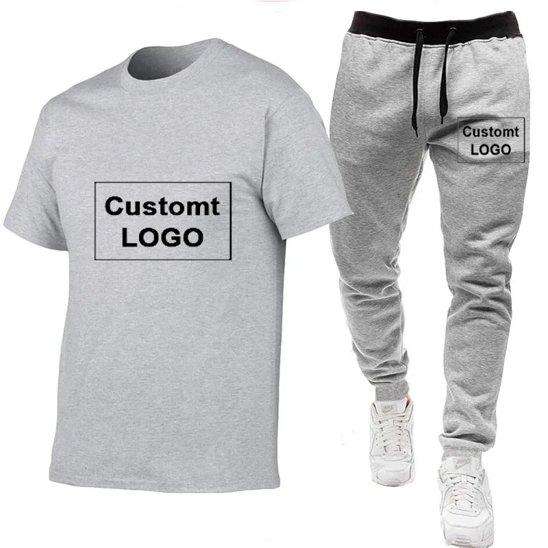 

Customized Logo Summer Men's And Women's Fashion Casual Sports Suit Cotton T-shirt Two-piece Suit, Any Picture Can Be Customized