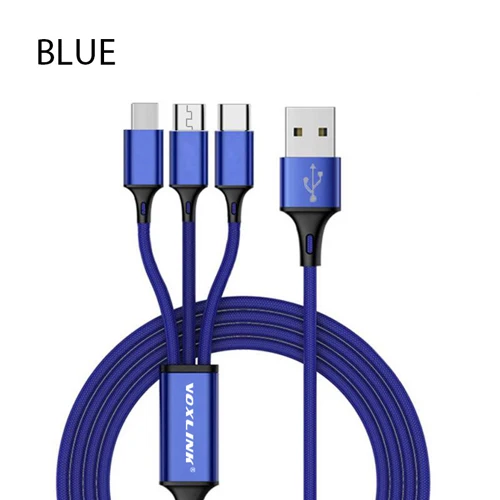 Blue VOXLINK 3 в 1 взаимный обмен данными между компьютером и периферийными устройствами кабель для передачи данных для iPhone XS Max XR X 8 7 зарядки Зарядное устройство Micro USB кабель для Android Тип USB C кабели для мобильных телефонов - Цвет: Blue