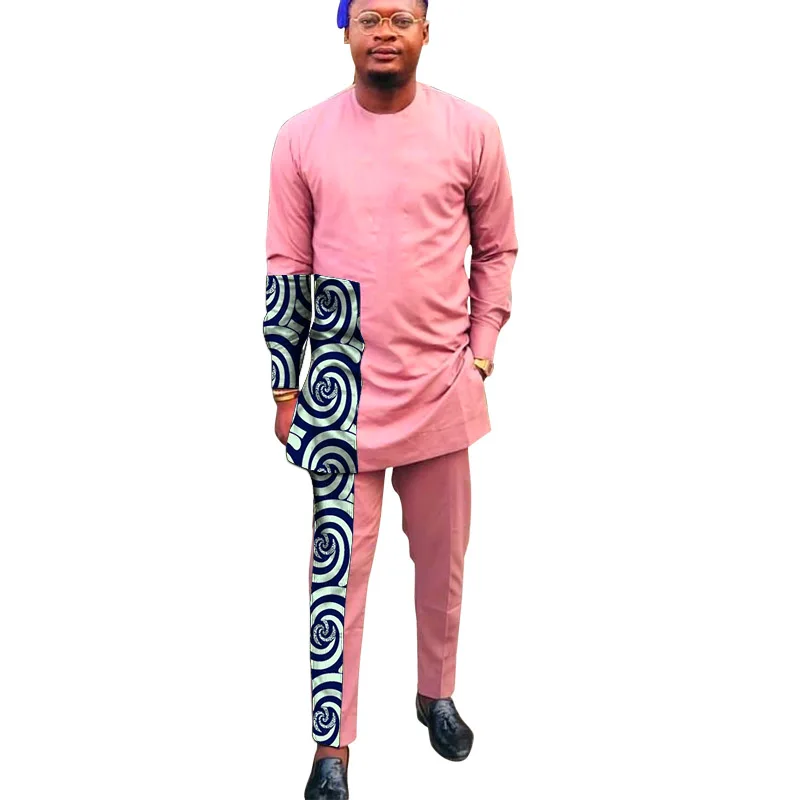 Baby Pink Cotton Men's Patchwork Shirts+Solid Trousers Nigerian Style Pant Sets Custom African Fashion Outfit For Wedding