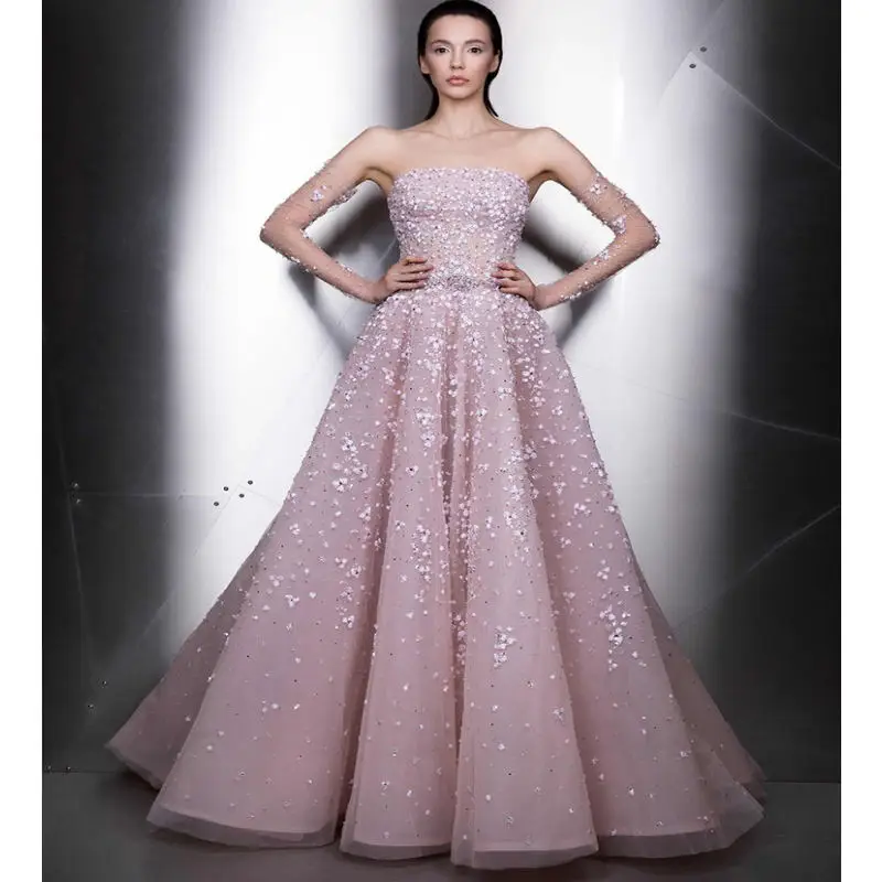 

Pink Prom Dresses with 3D Floral Appliqued Strapless A Line Arabic Evening Dress Robes De Soirée Customize Vestidos Formales