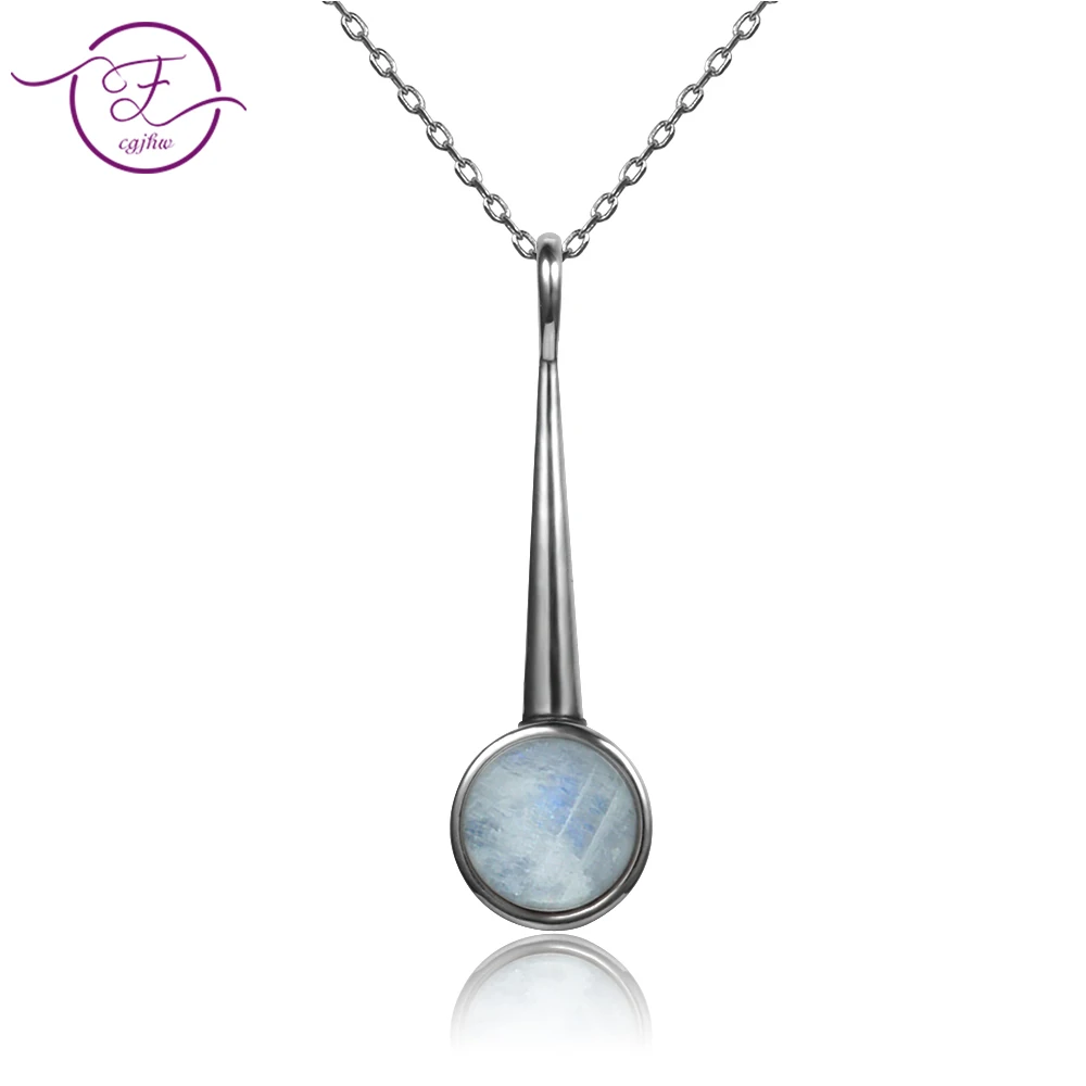 

New Listing S925 Sterling Silver Pendant Necklace Large Round 10MM Moon Stone Geometric Necklace Engagement Party Gift