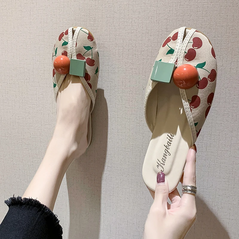 

Women Mules Closed Toe Cloth Shoes Round Toe Backless Casual Flat Slippers Comfortable Slip on Print Color Summer Beach