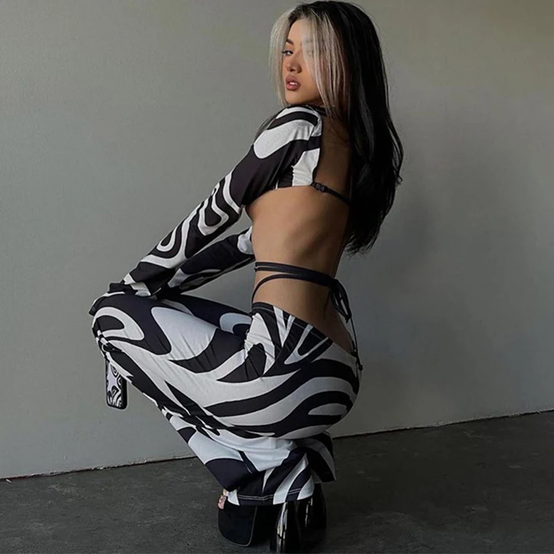 

Women's Suit Sports Set Woman 2 Pieces Black Backless Long Sleeve Top Bandage Flare Pants Sets Sexy Outfit Print Tracksuit Set