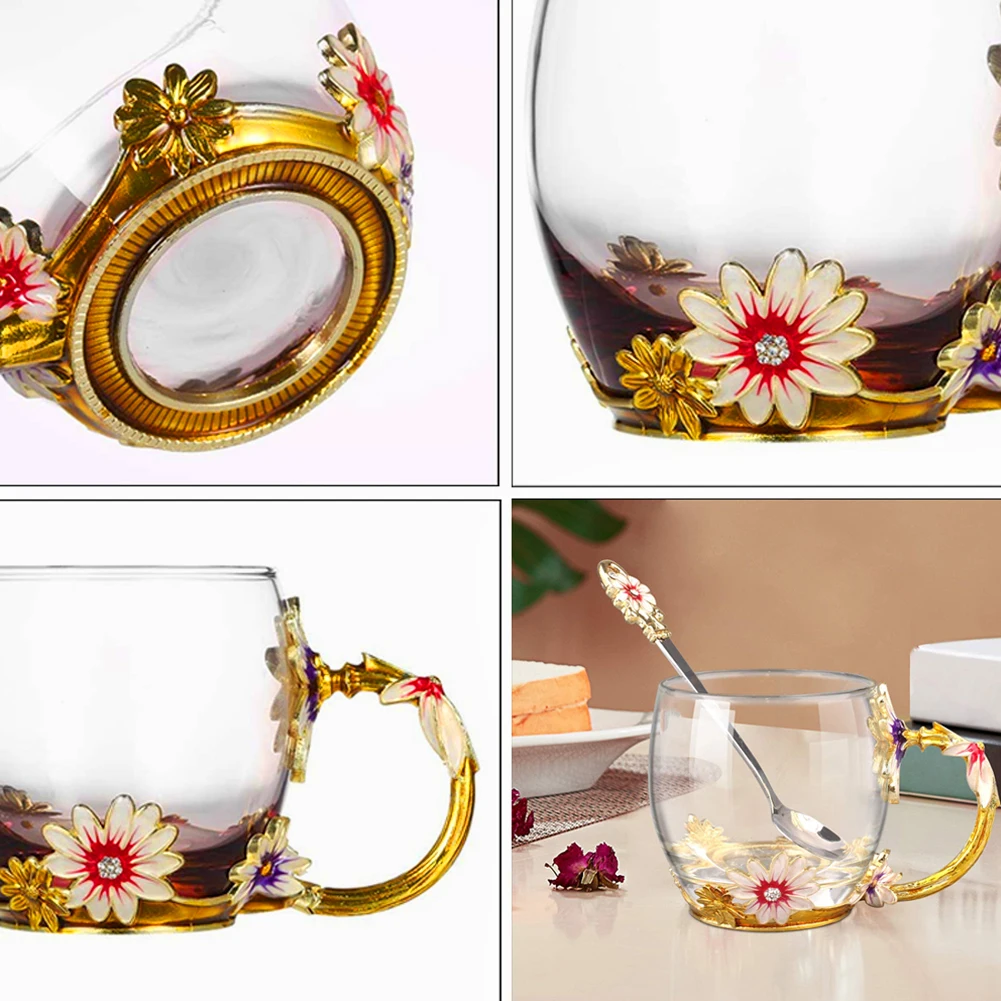 

Enamel Craft GlassLead-Free Coffee Drink Mugs Chic Flower Tea Cup with Spoon Personalised Gifts for Mum Wife Women Valentines