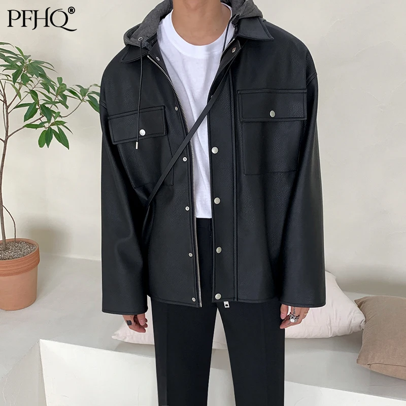 

PFHQ Autumn New Detachable Hooded Collar Men Korean PU Leather Single Breasted Jacket Fashion Zipper Causal Loose Coat 21D2749