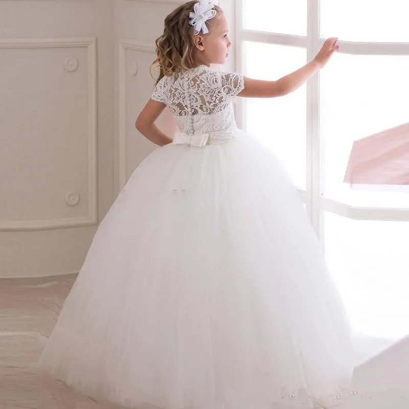 

White Lace Flower Girl Dress For Wedding Princess Girls Ball Gown Pageant Dress Short Sleeve Kids Vestidos De Comunion