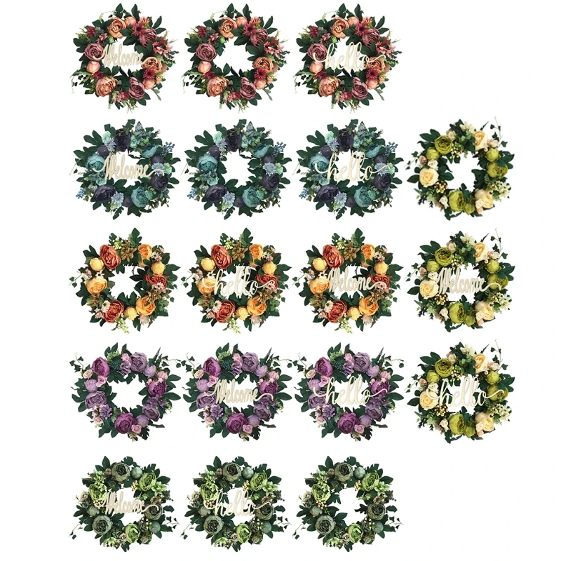 

13in Welcome-Hello Sign Wreaths for front Door Handcrafted Wreath for Home Decor Q1JB