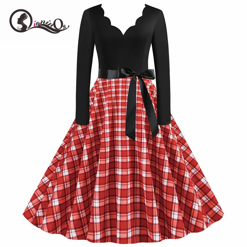 Черное винтажное рождественское платье с большим принтом Женское зимнее