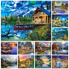 Набор для алмазной живописи 5DDIY, полный квадратный Круглый Алмазный пейзаж у озера, вышивка Дом стразами Алмазная мозаика, Декор для дома
