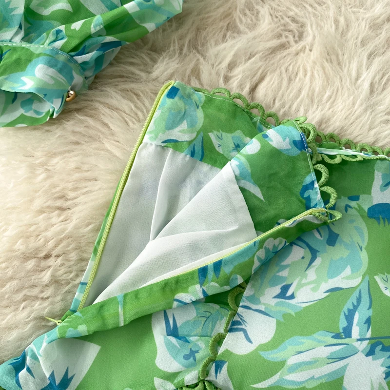 

Spring Summer Floral Print Two Piece Set Chiffon Dress 2021 Sexy Bandage Backless Crop Top Mini Dress Green Boho Outfit
