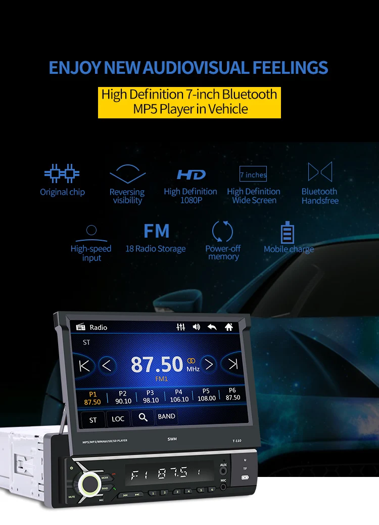 1Din 7 дюймов выдвижной экран AUX USB радио приемник в тире головное устройство Bluetooth автомобильный стерео MP5 плеер