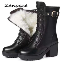 zanpace leather women boots high heeled wool keep warm women shoes large size 42 winter martin boots high quality snow boots