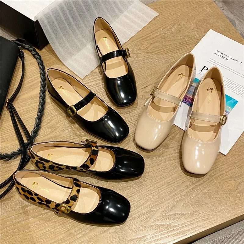 

Fashion Womens Shoes 2021 Square Toe Flat Sandals Summer Heels Buckle Luxury Without Girls High Spring Comfort Real Leopard New