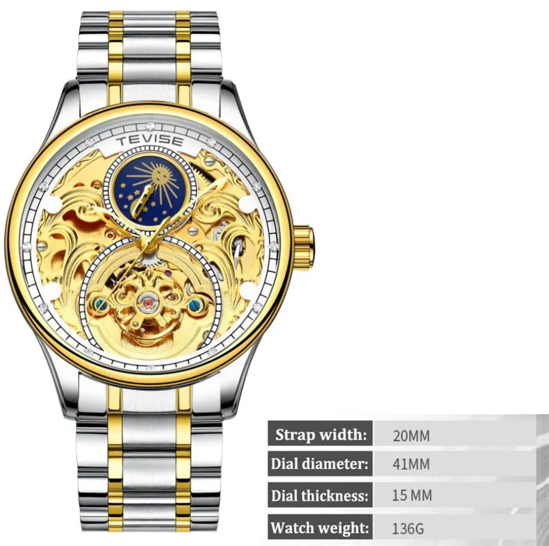 TEVISE часы Moon phase полые tourbillon автоматические механические наручные часы из нержавеющей стали мужские часы браслет часы