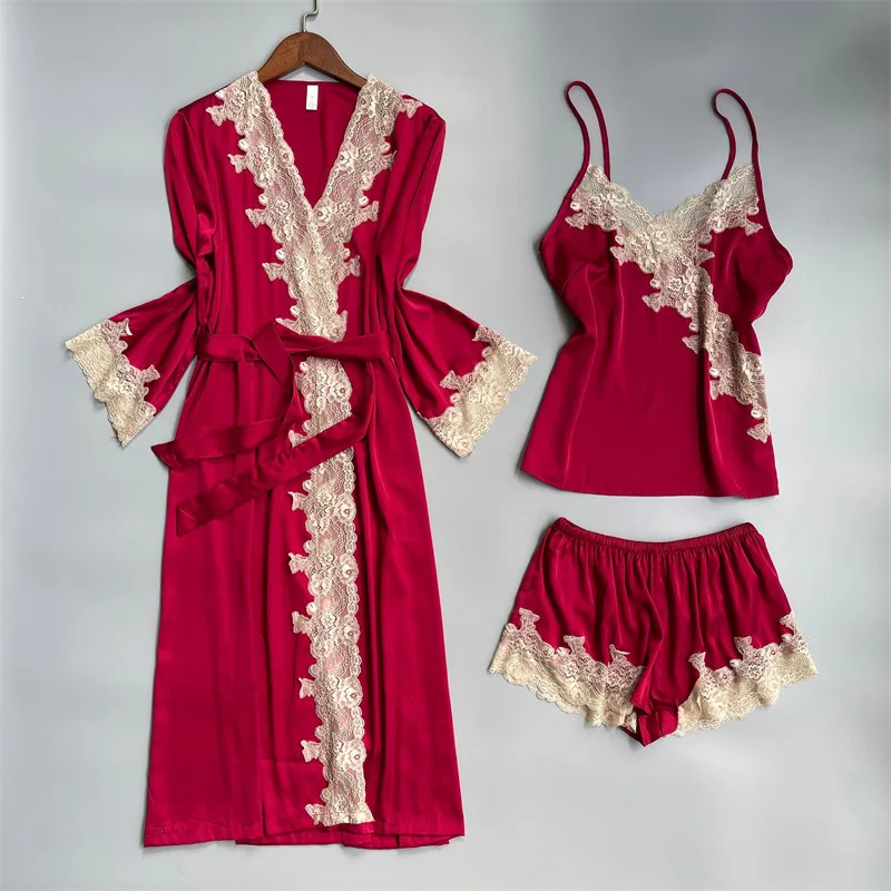 

Spring Women Big Lace Trim Applique Satin Robe Sling Shorts 3/2 Pajamas Sets Sleepwear Nightwear