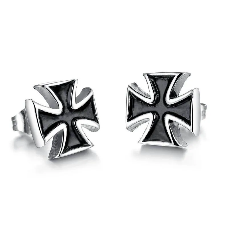 

New 2PCS Men's Knights Simple Cross Stud Earrings Templar Knight Ear Studs Stainless Steel Crucifix Male Jewelry Gifts