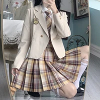 k uniform plaid skirt suit apricot plaid skirt long sleeve one button mountain blowing orthodox basic version