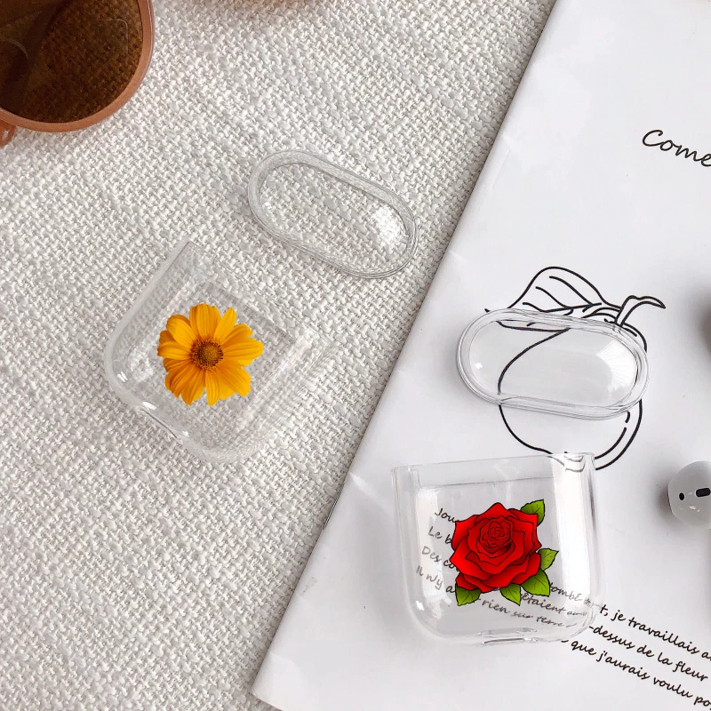 Модный чехол с ромашками из мультфильма для Airpods прозрачный жесткий сердечками