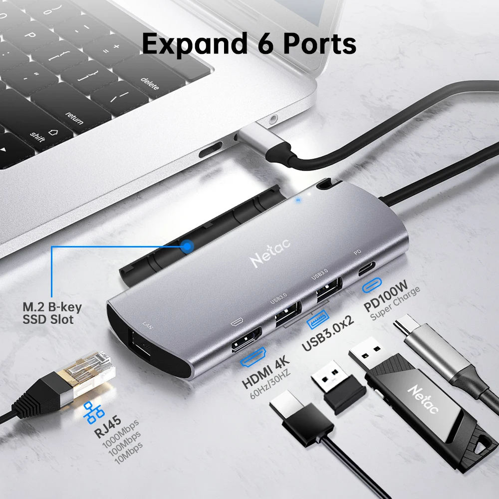 Чехол Netac USB C Hub Type 3 1 M2 SSD 6 в HUB 4K HDMI RJ45 PD 0 M.2 B-Key для настольного ноутбука MacBook Pro Air