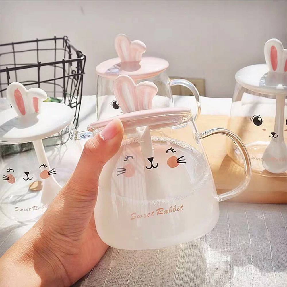

400ml Cute Cartoon Rabbit Ears Glass Mug With Lid and Spoon Coffee Milk Tea Mugs Breakfast Cup Drinkware Cup Couples Gifts