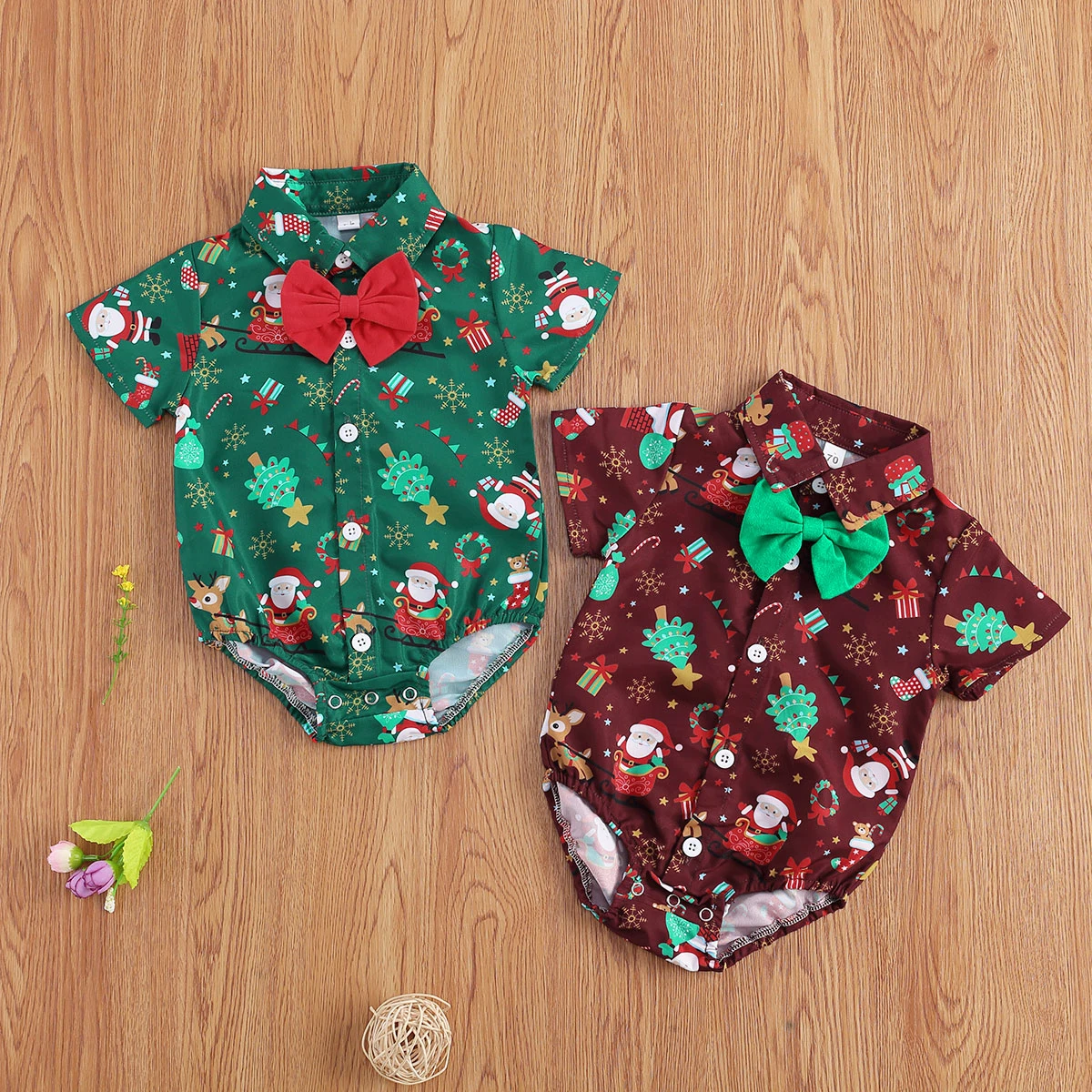 

0-24Months Newborn Baby Boys Christmas Romper Short Sleeve Bow-tie Cartoon Pattern Romper for Kids Baby Boys