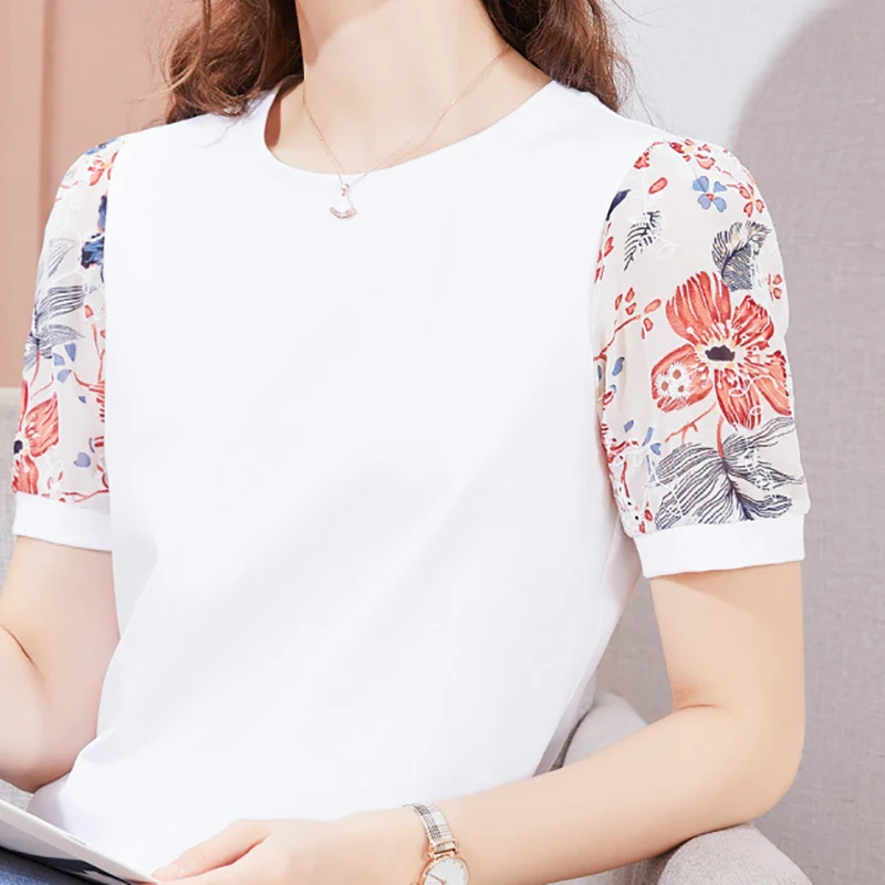 

Puff Sleeve Short Lace Patchwork Floral White T Shirt Women 2021 Fashion Summer Tops Korean Style Clothes Tshirt Tee Shirt Femme
