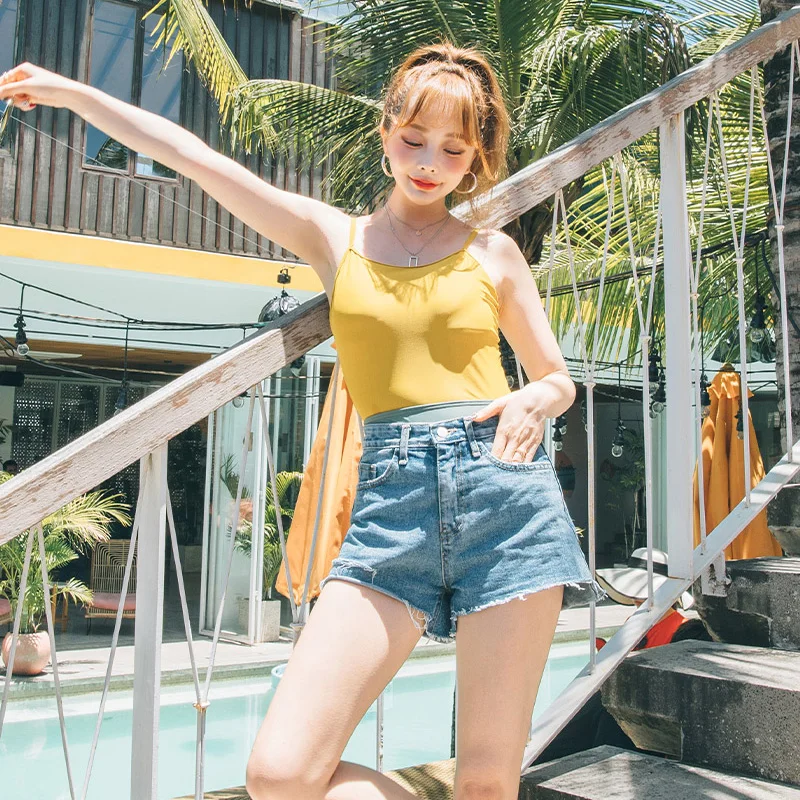 Корейский стиль цельный купальник женский однотонный пуш-ап высокое качество