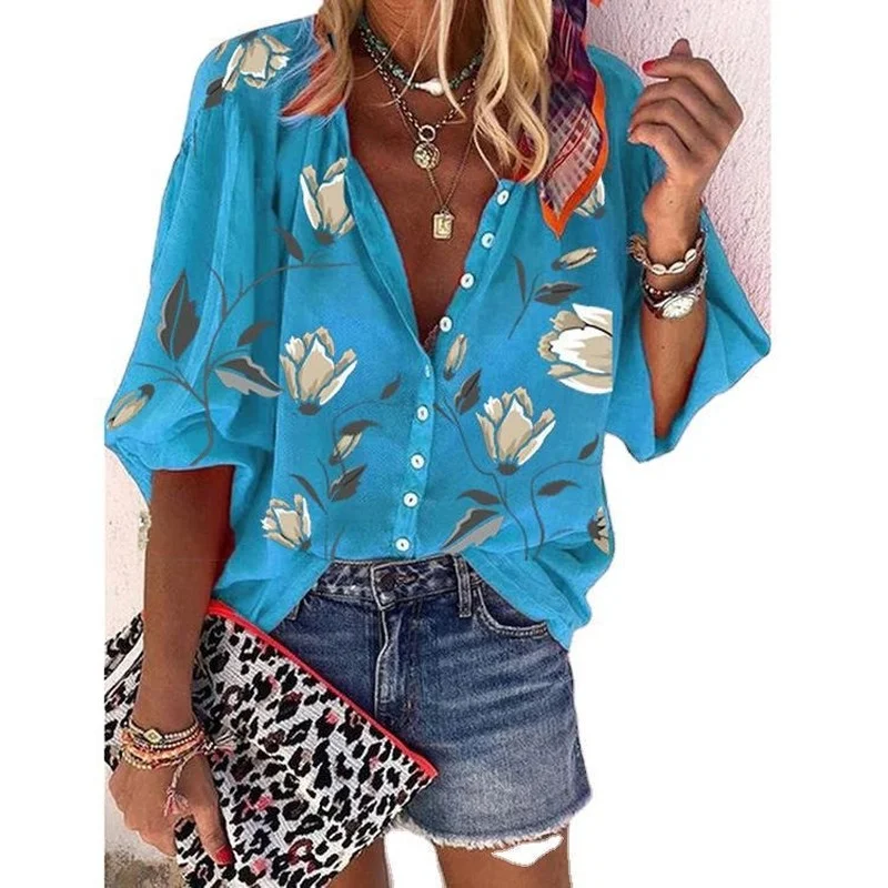 

Women Blouse 2021 Autumn Floral Print Shirt Lady Office Oversized Tops Casual Stand Collar Button Up Shirts Female Blusas Mujer