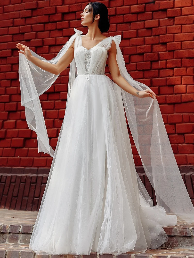 

Свадебное платье невесты, из тюля, с V-образным вырезом, с завязками на спине, 2021, с накидкой на плечах, по индивидуальному заказу, большого ра...