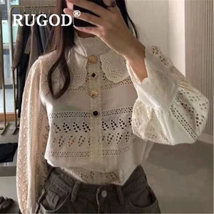 RUGOD Корейская шикарная белая женская блузка с вырезами, модная кружевная офисная блузка с воротником Питер Пэн, элегантные топы с рукавами-фонариками f