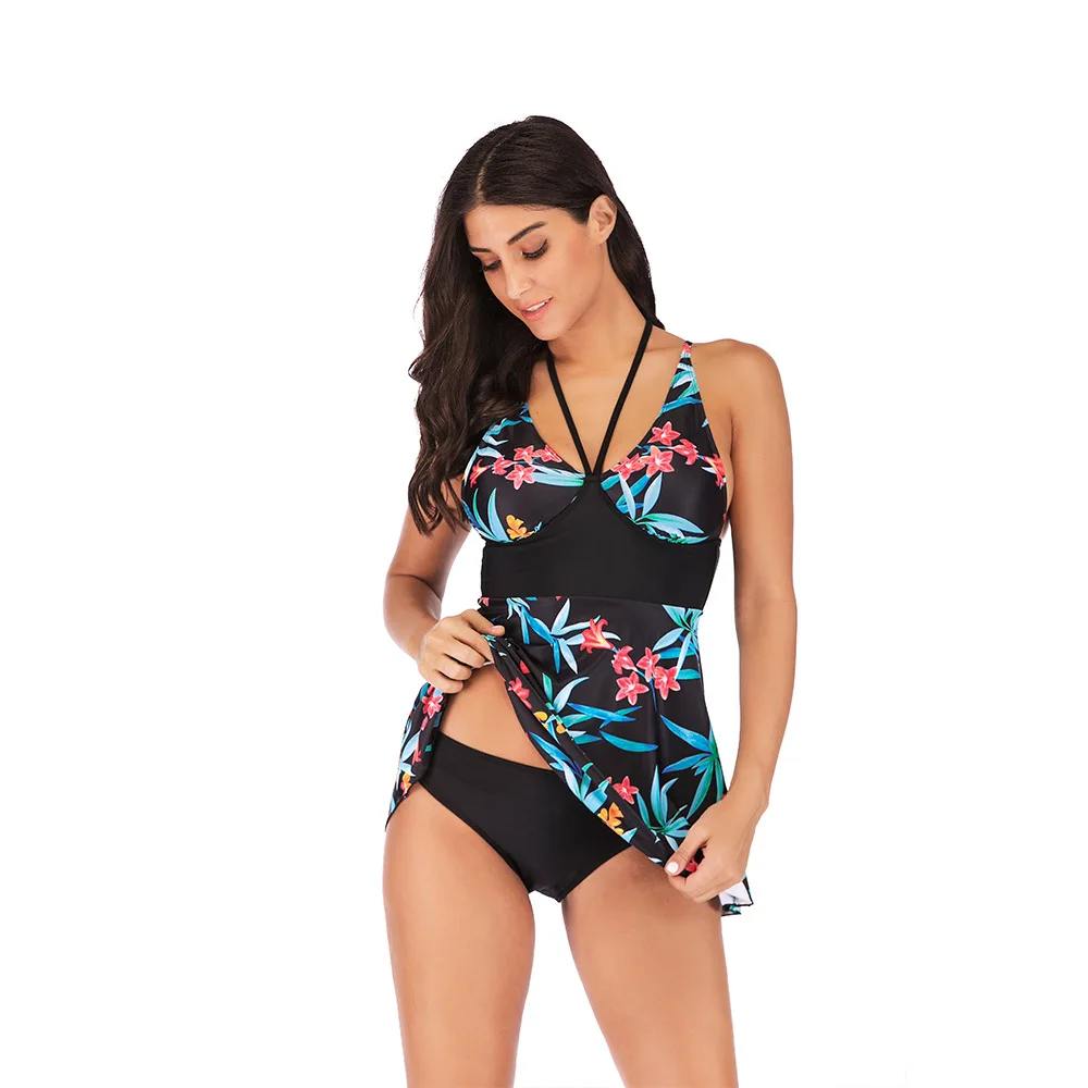 Женский купальник летний винтажный размера плюс цветочный принт на шее два