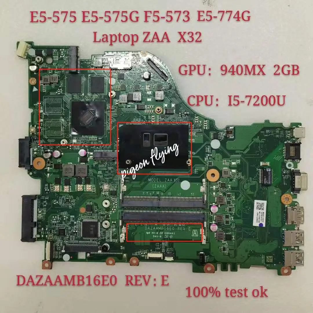 E5 575G материнская плата для Acer 575 F5 573 774G ноутбук ZAA X32 DAZAAMB16E0 REV:E Процессор: I5 7200U GPU:
